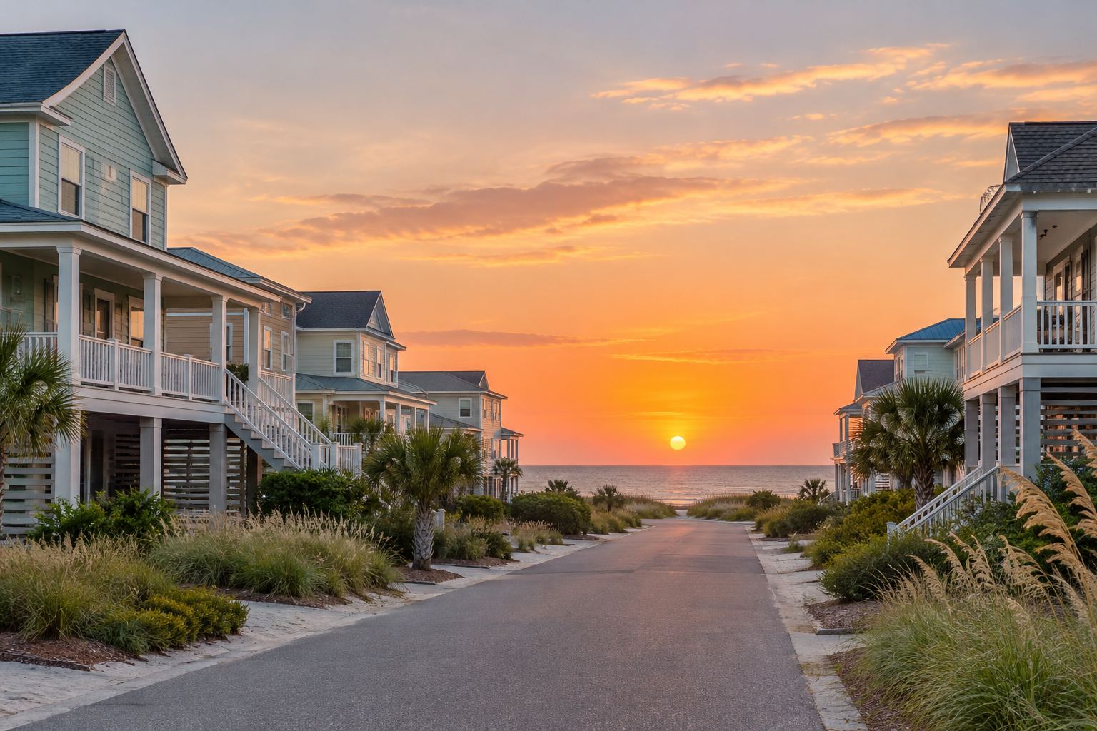 A residential street in Surf City at sunset, illustrative