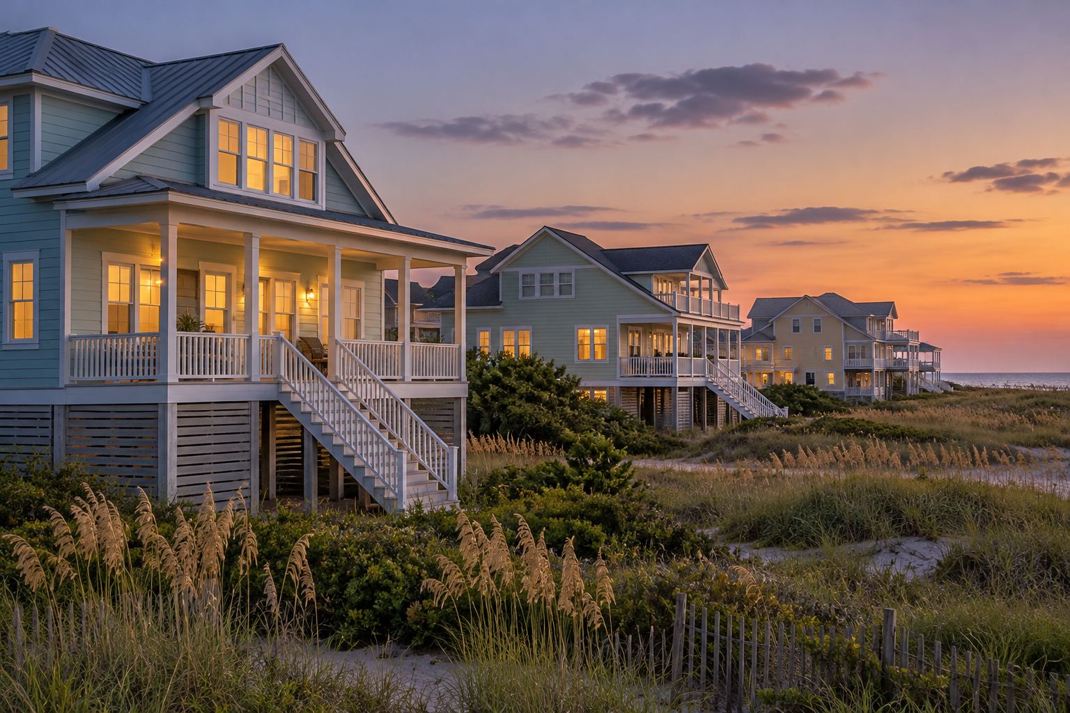 A coastal North Carolina home at dusk, illustrative